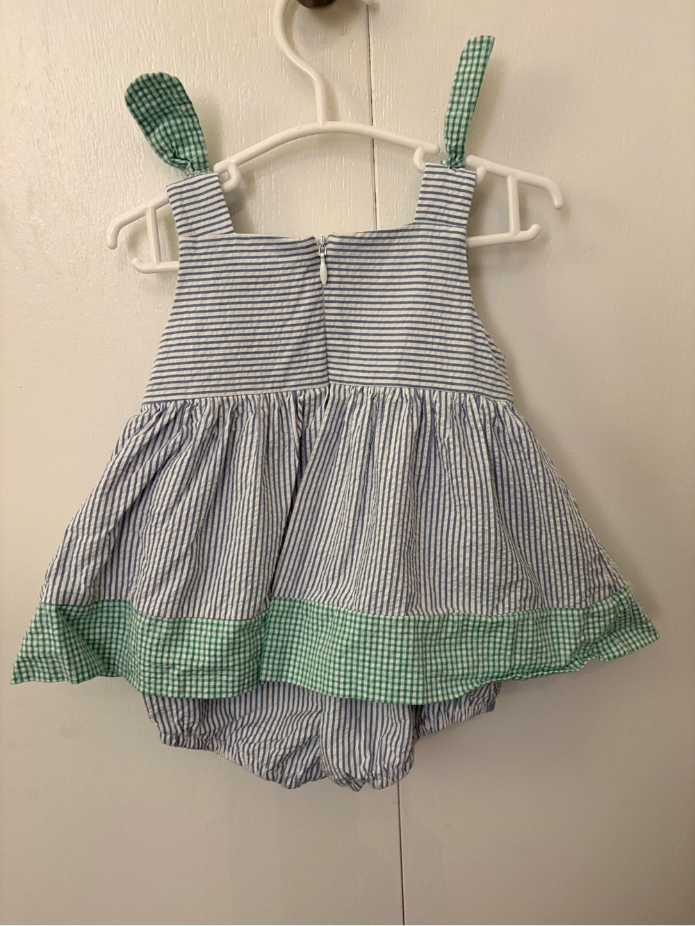 Florence Eiseman Blue Stripe Dress with Green Gingham Ties and Golf Appliqué - Picture 2 of 6